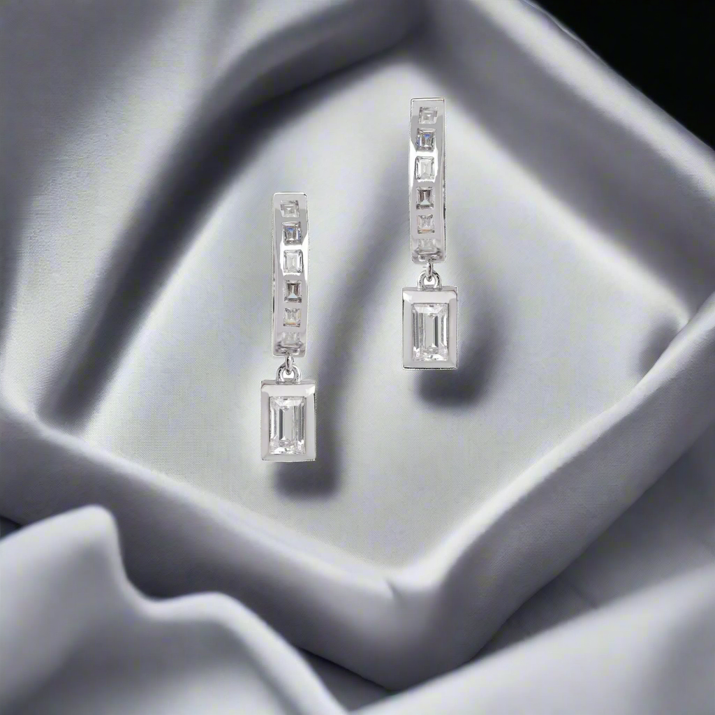 Amelia Baguette Drop Hoop Earrings - Diamond