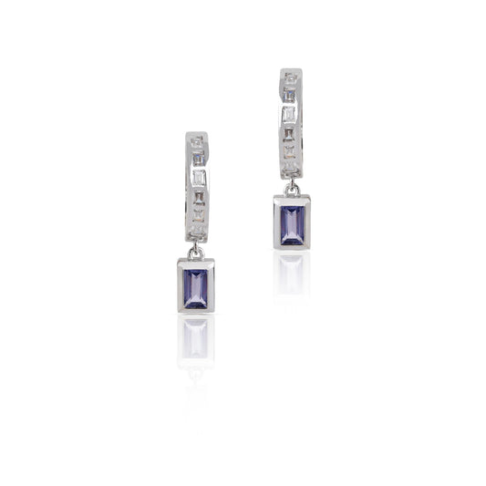 Amelia Baguette Drop Hoop Earrings - Tanzanite