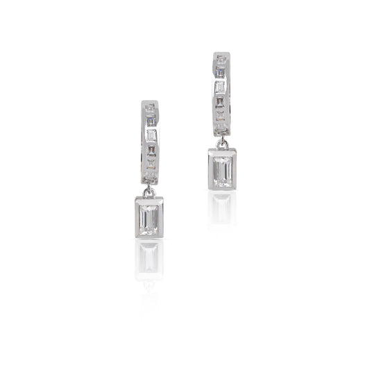 Amelia Baguette Drop Hoop Earrings - Diamond