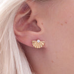 Gold Mini Fan Studs with a Crystal Stone 