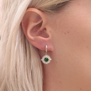 
            
                Load image into Gallery viewer, Art Deco Rhodium Round Crystal Earrings with a Emerald Centre Stone 
            
        