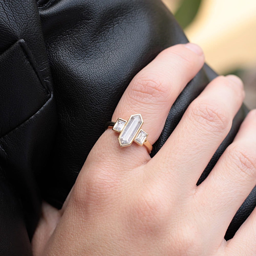 
            
                Load image into Gallery viewer, Art Deco 3 Stone Ring styled with a leather jacket
            
        
