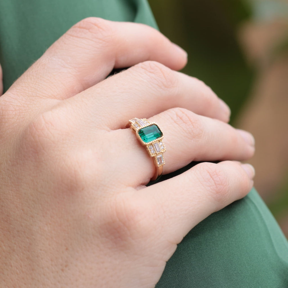 Art Deco Inspired Ring With Emerald Centre Stone 