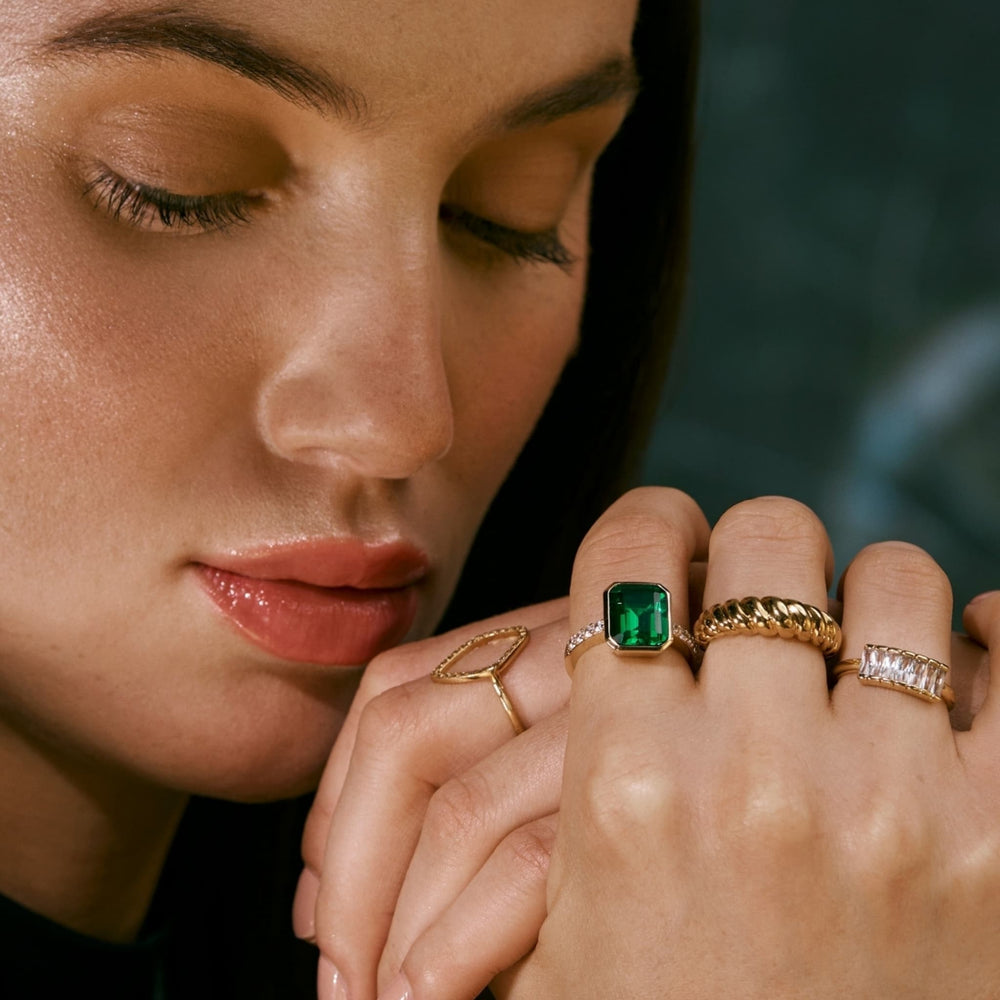
            
                Load image into Gallery viewer, Gold Statement Ring with a Emerald Centre Stone
            
        