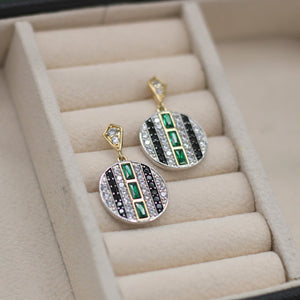 Circular Drop Earrings with Emerald, Black and Clear Stones  
