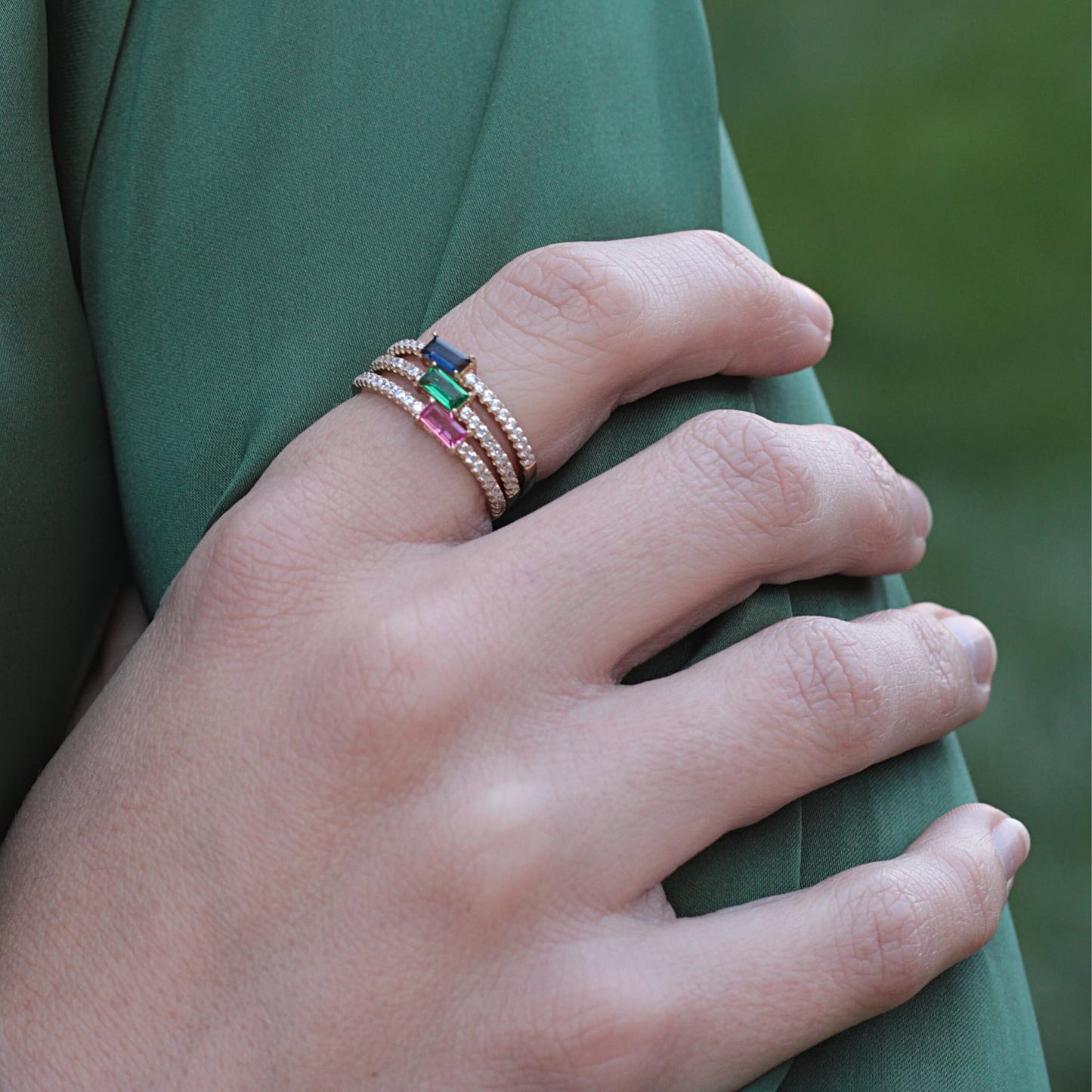 Stacked Eternity Rings styled with a Green Blazer