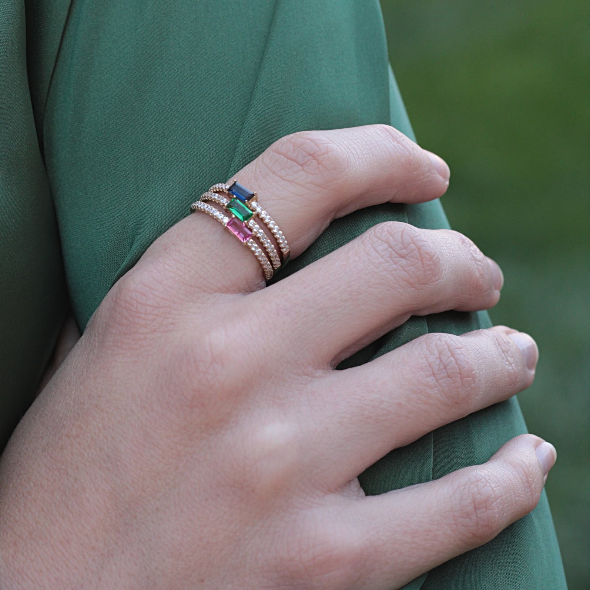Stacked Eternity Rings styled with a Green Blazer