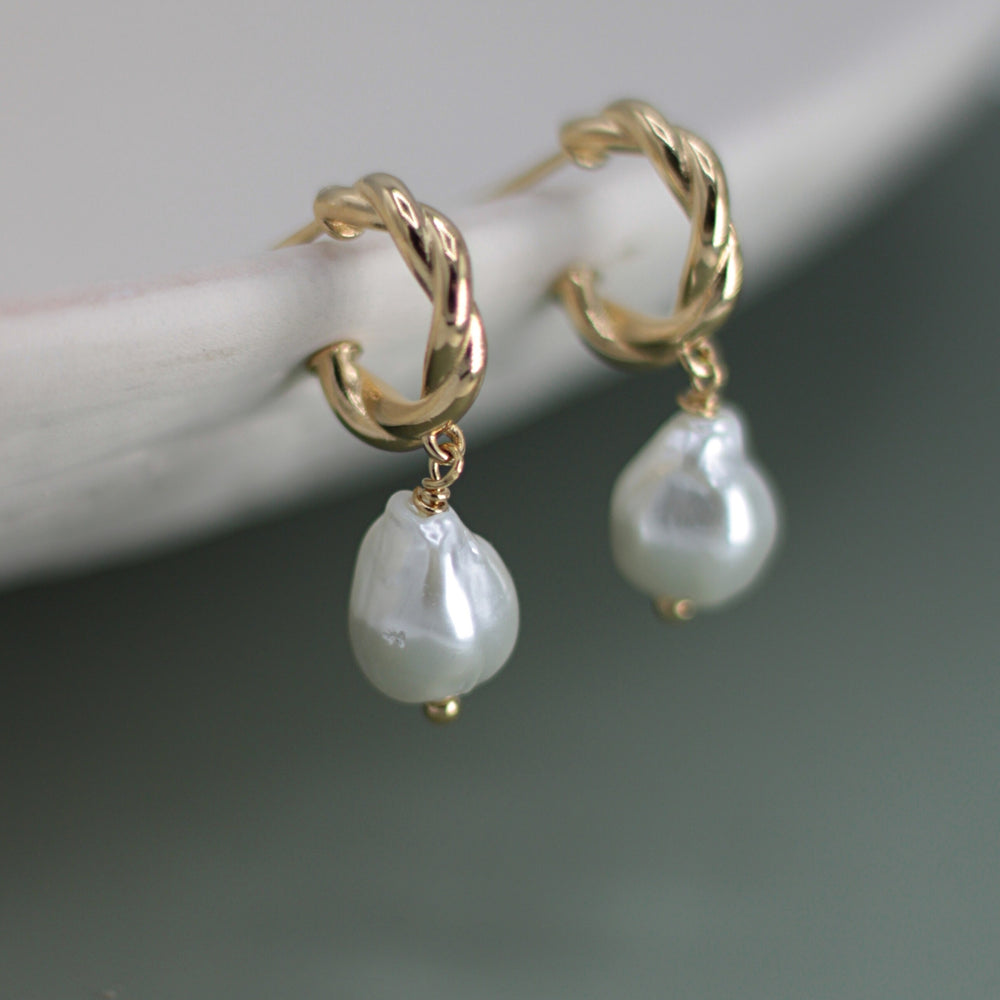 Pearl Drop Gold Huggie Hoops 
