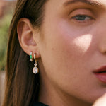 Crystal Gold Hexagon Drop Earrings Stacked with Huggie Hoops