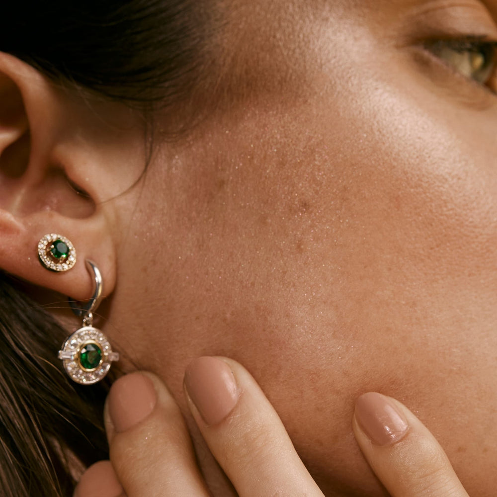 
            
                Load image into Gallery viewer, Art Deco Inspired Round Sparkle Drop Earrings with a Emerald Centre Stone 
            
        
