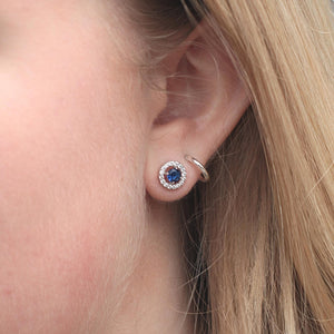 Stackable Silver Halo Studs with a Sapphire Centre Stone 
