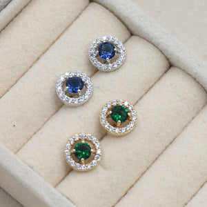Sterling Silver Rhodium Plated Halo Sapphire Studs 