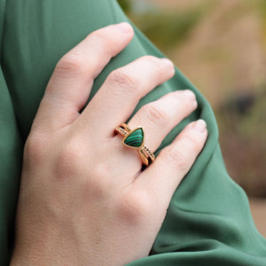 
            
                Load image into Gallery viewer, Gold Geometric Split Band Ring with Malachite Stone
            
        