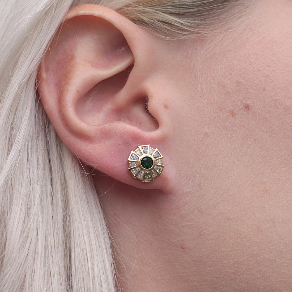 
            
                Load image into Gallery viewer,  Circular Gold Art Deco Studs with Clear and Stimulated Emerald Stones 
            
        