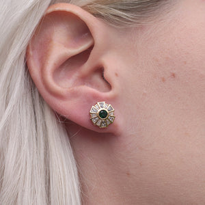  Circular Gold Art Deco Studs with Clear and Stimulated Emerald Stones 